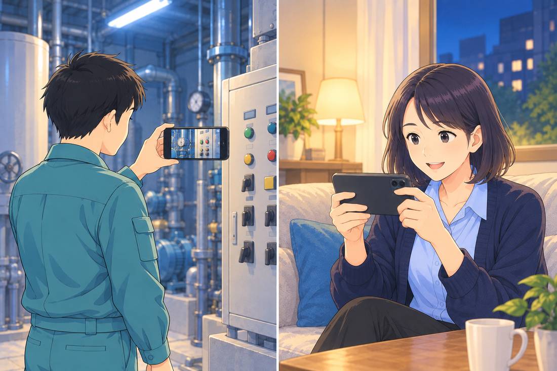 夜間当番のスマホの映像を、主任が自宅のスマホで見て指示している