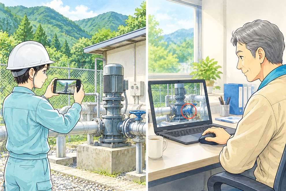 山のポンプ場で当番がスマホで設備を映し、事務所の技術課長が確認している