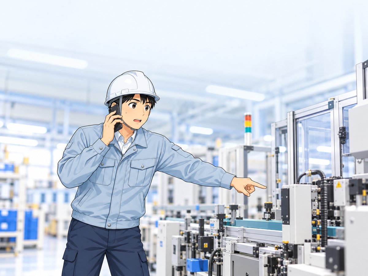 作業員が機械を指さしながら電話で状況を伝える