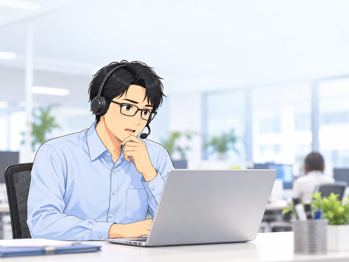 本部の担当者がノートパソコンの前で電話を受けて考え込む