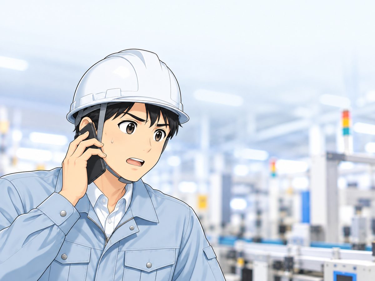作業員が電話を持ったまま困った表情を浮かべる
