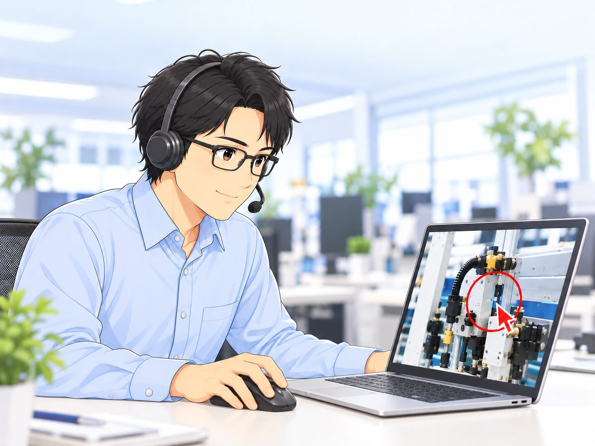 本部の担当者がノートパソコンの映像に赤いマーカーを付けて指示する